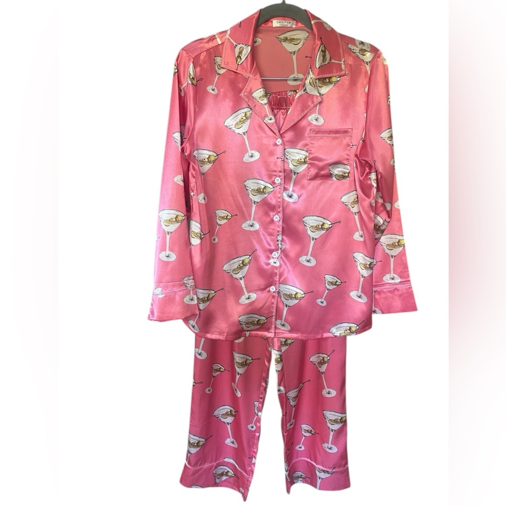 Ekouaer martini olive pajamas pink 2 piece silky small to medium